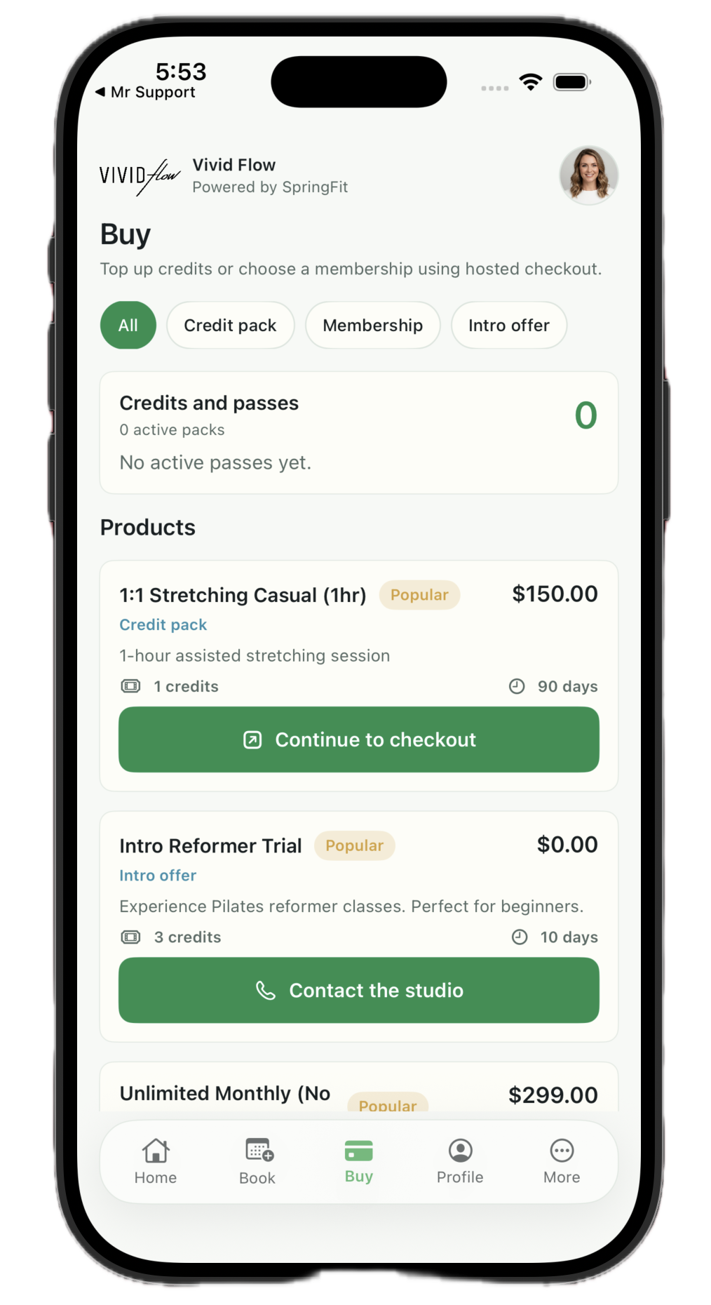 SpringFit credits and memberships
